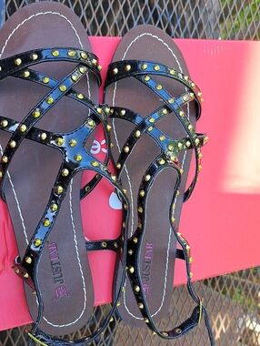 JustFab Black Patent Studded Strappy Sandals